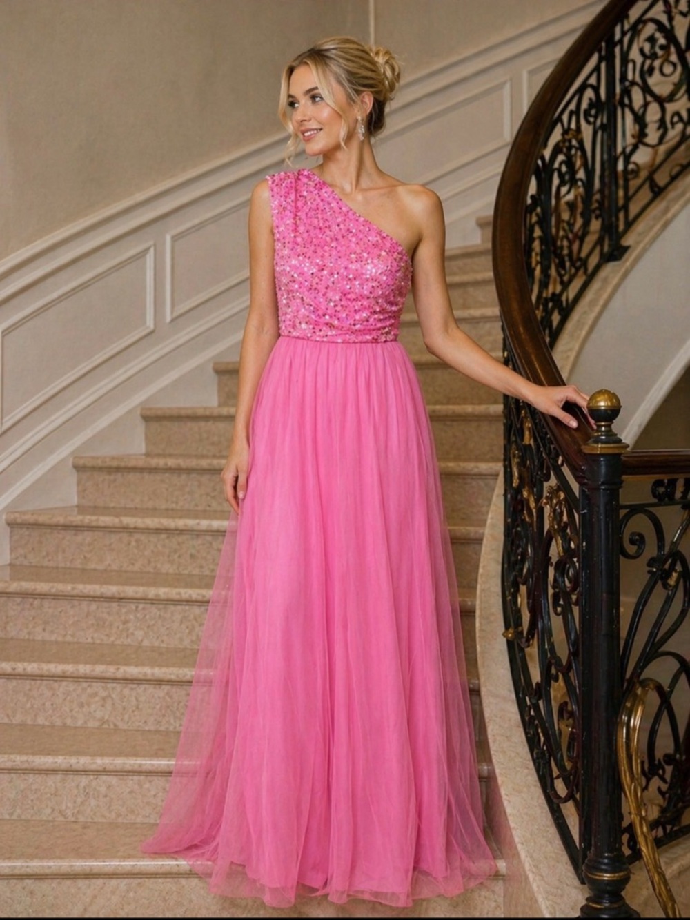 Faeriesty Pink One-Shoulder Sequin formal Gown